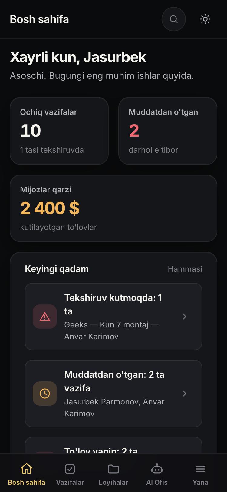 Panelning telefon ko'rinishi: bugungi vazifalar va keyingi qadam